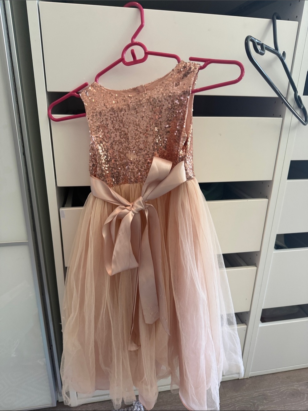 Girls Rose Gold Sequin Tulle Party Dress with Ribbon Sash